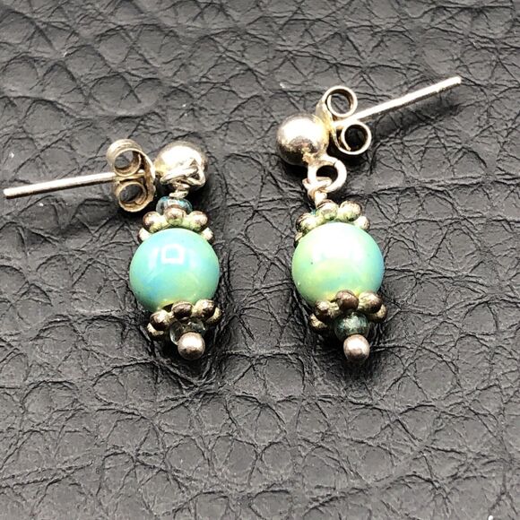 Handmade 925 Sterling Silver Earrings Aqua Blue  Ceramic Bead Drop Dangles - Picture 1 of 7